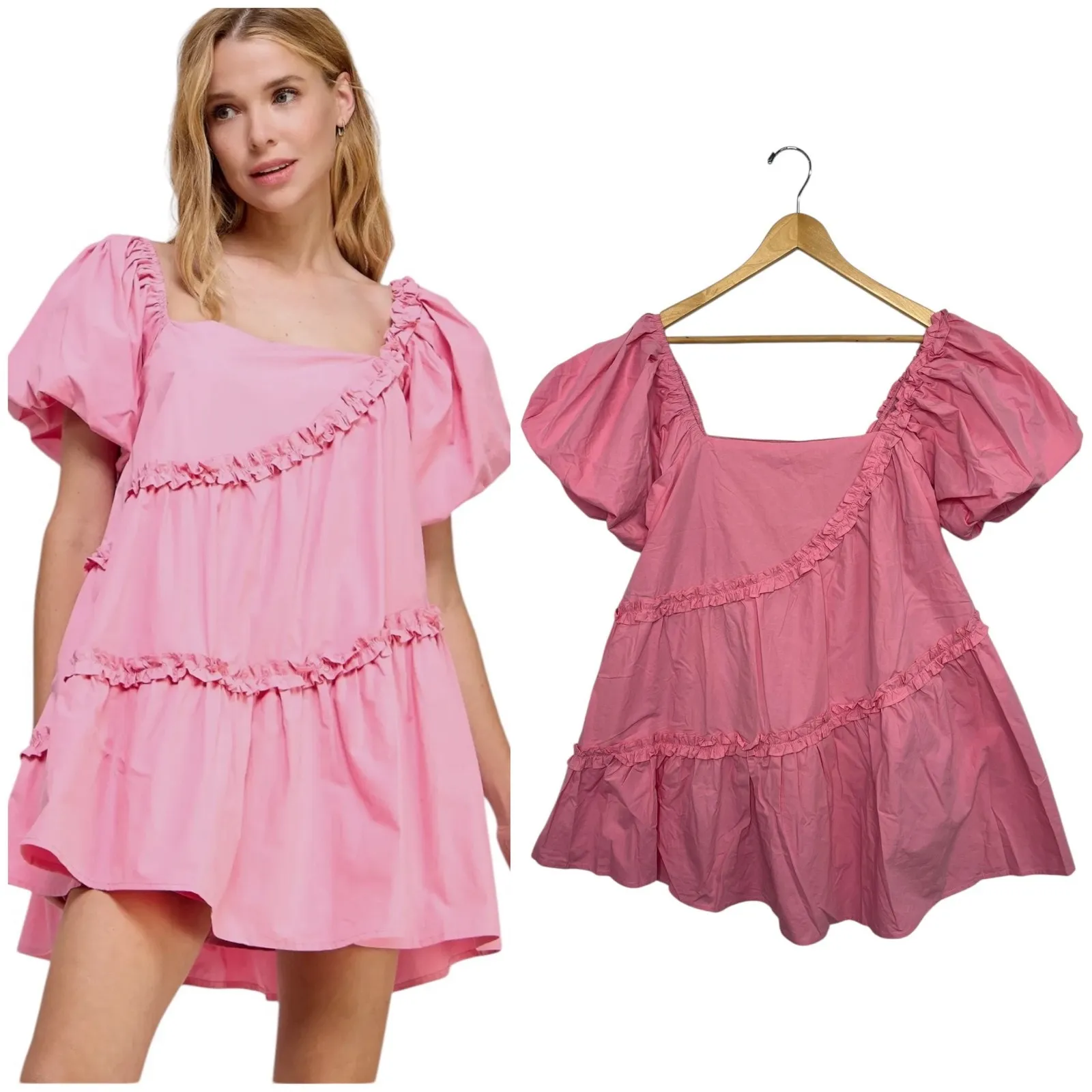 New Strut & Bolt Dress Womens Small Pink Puff Sleeve Ruffle Swing Babydoll Mini - Image 2