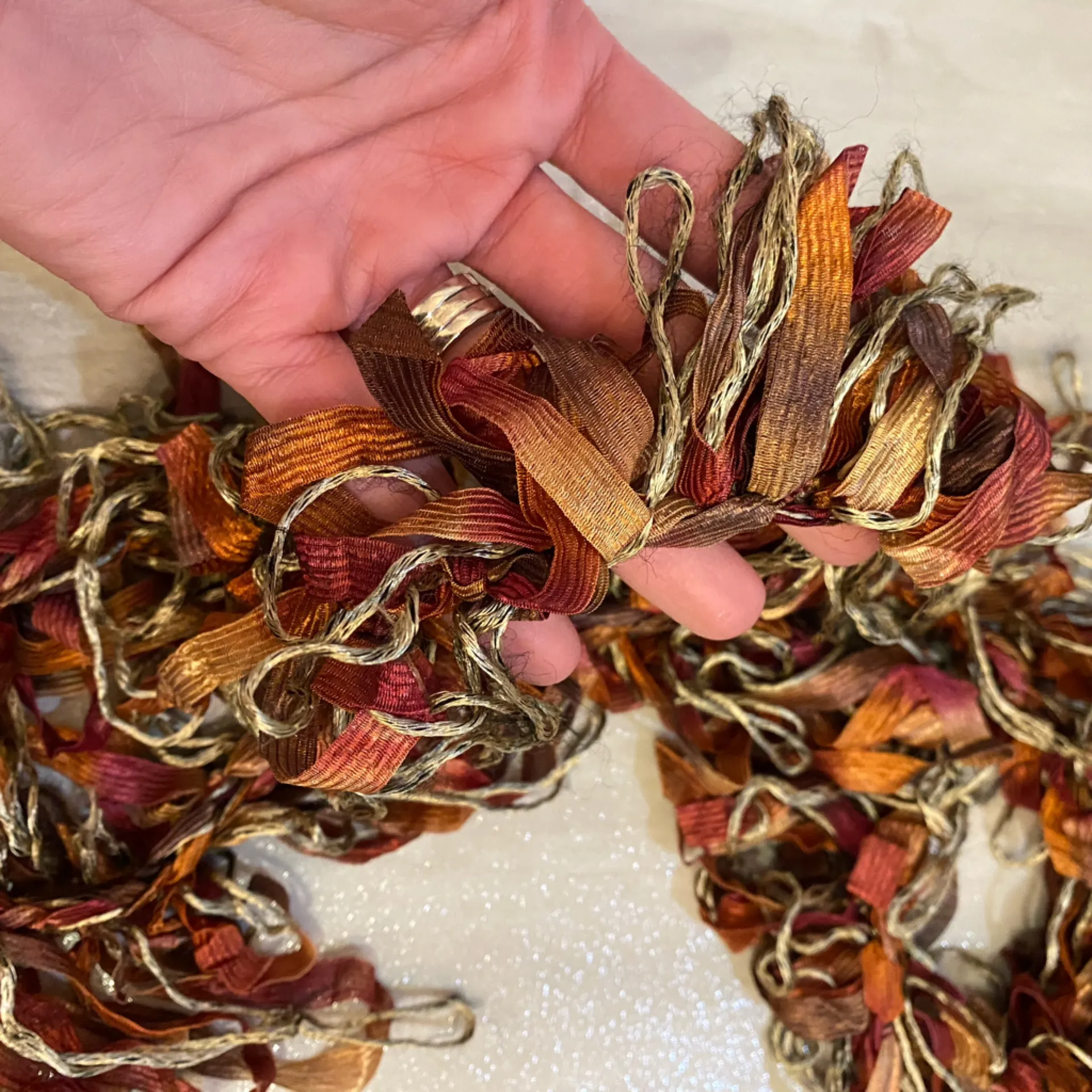 Autumn Rust, Orange and Brown Tied Loop Yarn Handmade Neck Wrap Scarf - Image 5