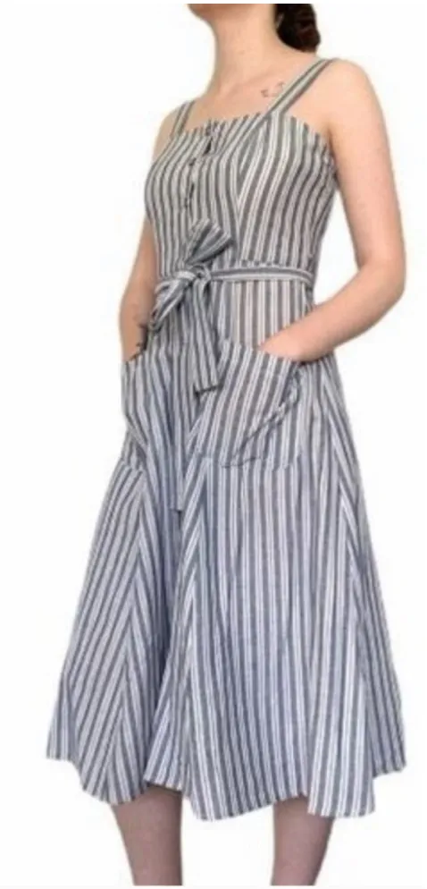 Violet Weekend Chambray Stripe Button Front Midi Dress XL Blue White - Image 2