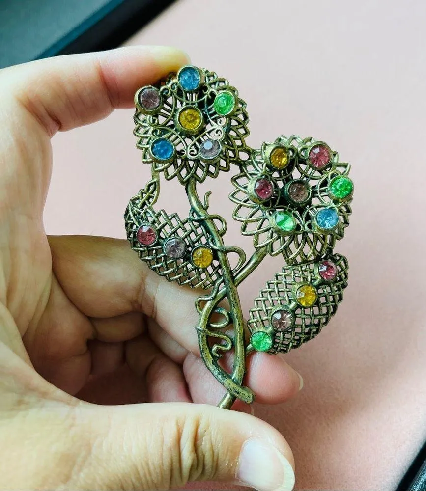 Vintage 1930s Art decor gold plated rhinestone flowers Brooch pin - Image 2