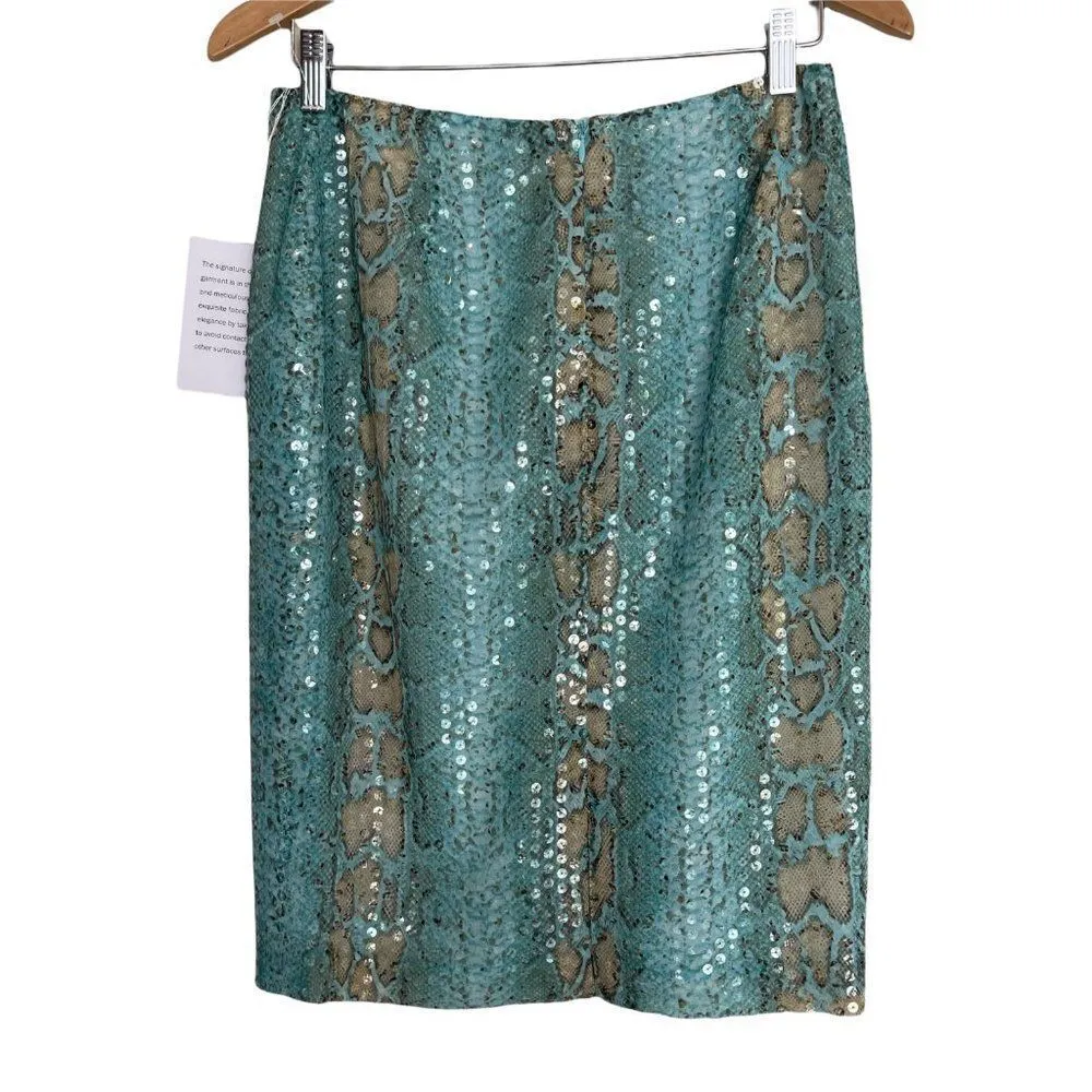Per Se Sequin Snake Print Straight Skirt Womens Size 4 Green Statement Piece NEW - Image 11