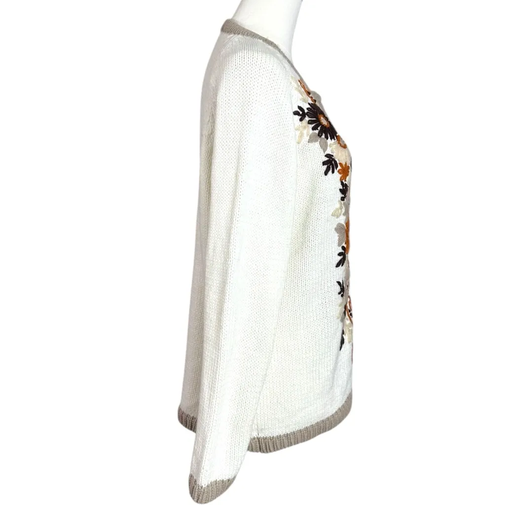 Vintage 70s Folk Art Cottage Cathy Embroidered Floral Cardigan Sweater Large White - Image 2