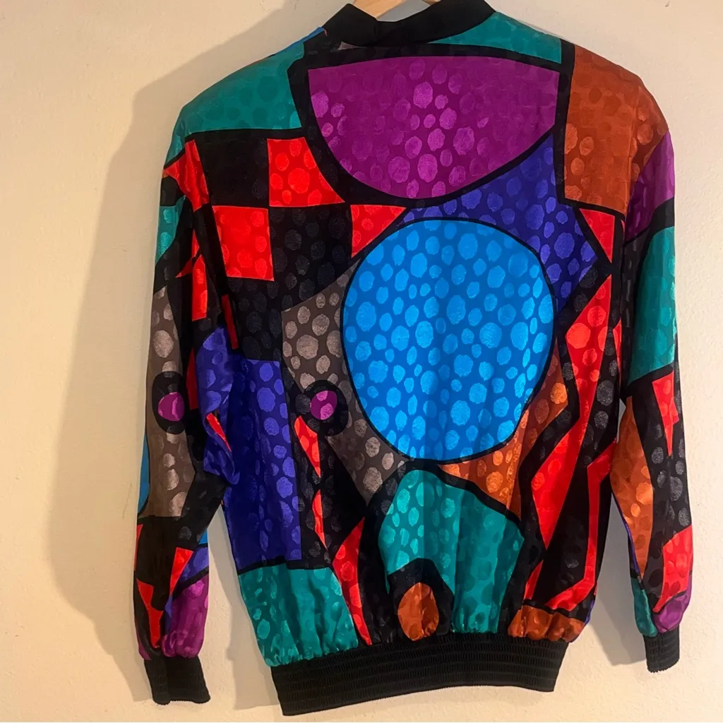 RARE NWT DEADSTOCK Vintage 80s Abstract Picasso Satin Bat Sleeve Loose Top 6 Black Size M - Image 9