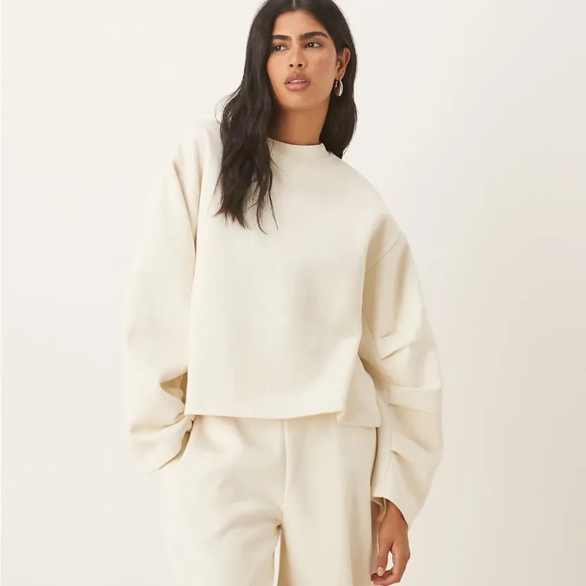 ASOS Cream Oversized Brushback Sweatshirt Ruched Sleeve - S - Image 2