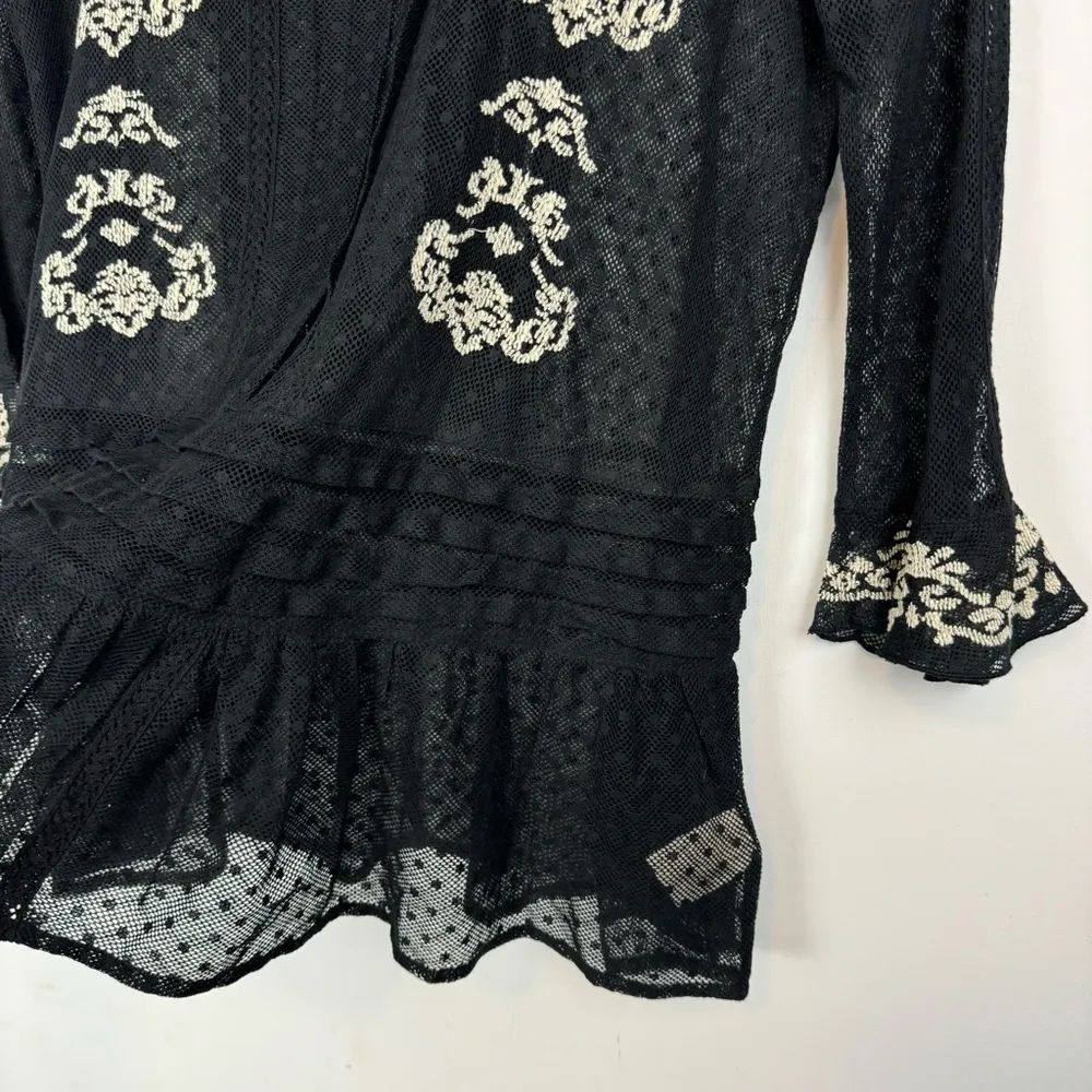 Free People Black Lace Mesh Tunic Top Sz Small Dot Ruffle Floral - Image 11