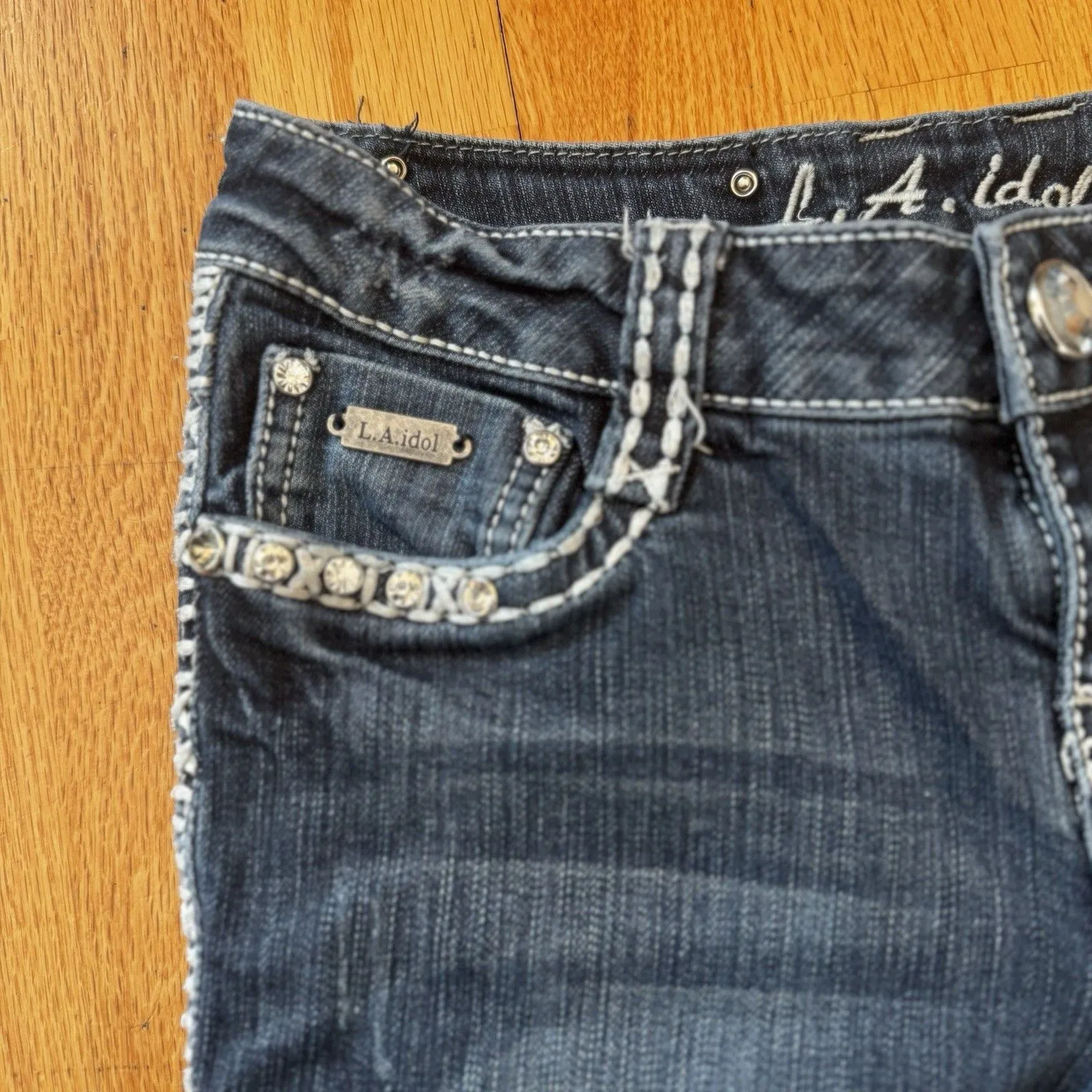 L.A. Idol USA Y2K McBling Rhinestone Bootcut Flare Rock Jeans Low Rise 5/29 EUC Blue - Image 11