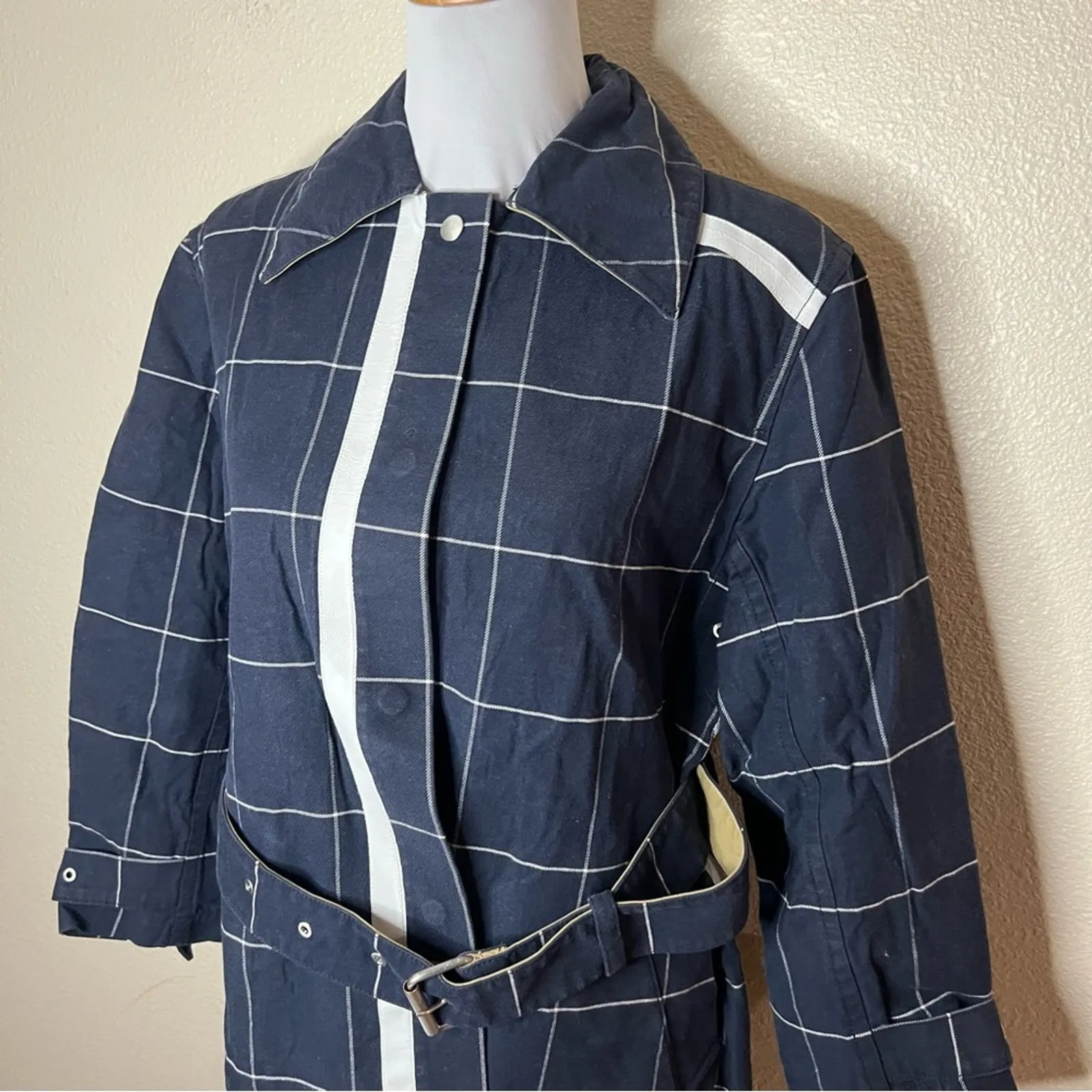 3.1 Phillip Lim Navy Blue Windowpane Tan Trench Coat Jacket Extra Small / Small - Image 3
