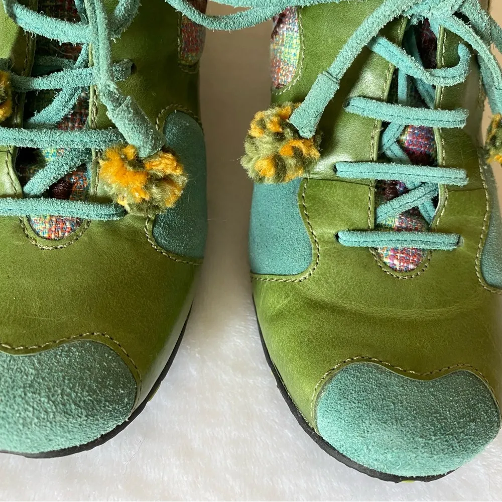 M by Morenatom Green Leather VintageY2K Patchwork Pom Pom Wedge LaceUp Shoes 7.5 - Image 2