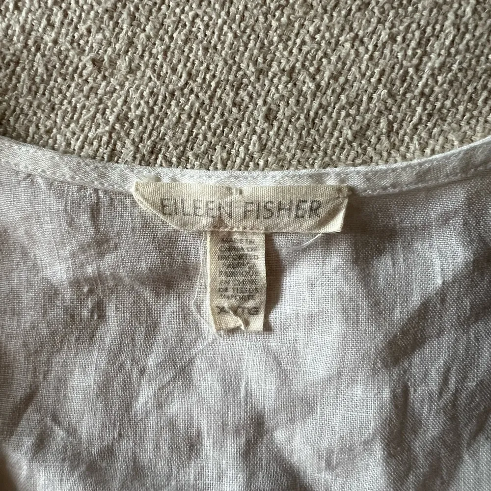 Eileen Fisher Split Neck Organic Linen White 3/4 Sleeve Relaxed Tunic Top Blouse - Image 3