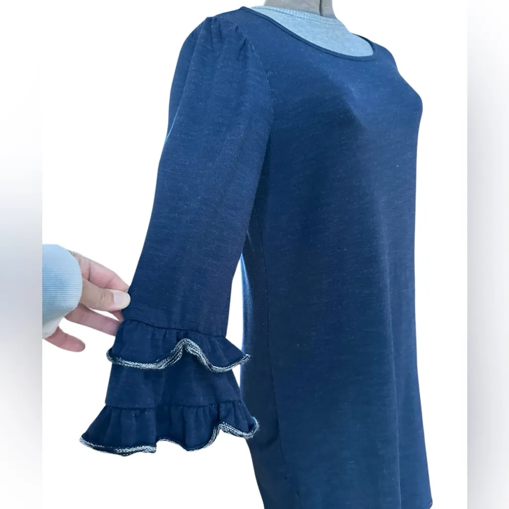 Max Studio 3/4 Ruffled Bell Sleeve Dress Navy Blue Heather Scoop Neck Midi - Image 4