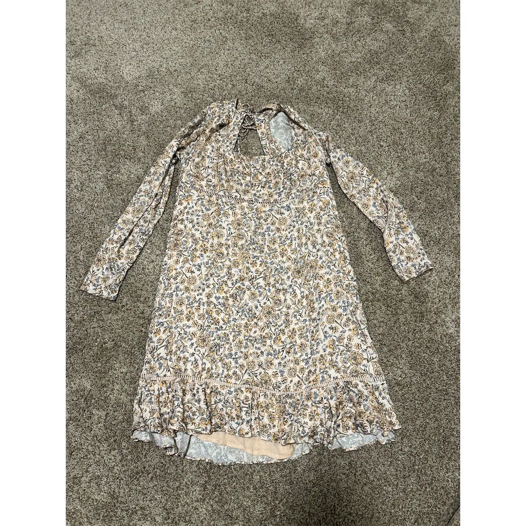 Free People Boheme Mini Dress Womens Size 12 Ivory Floral Long Sleeve Tie - Image 3