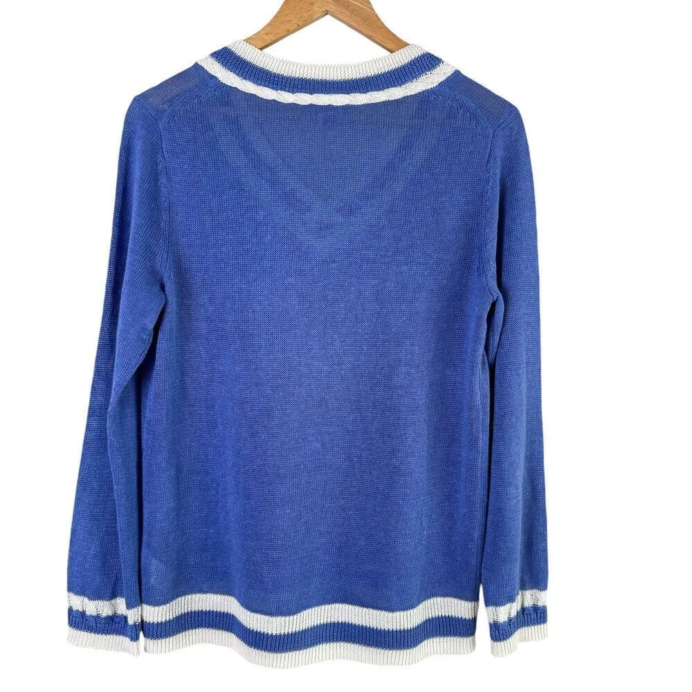 Talbots Linen V-Neck‎ Varsity Style Sweater in Blue and White, Size Medium - Image 9