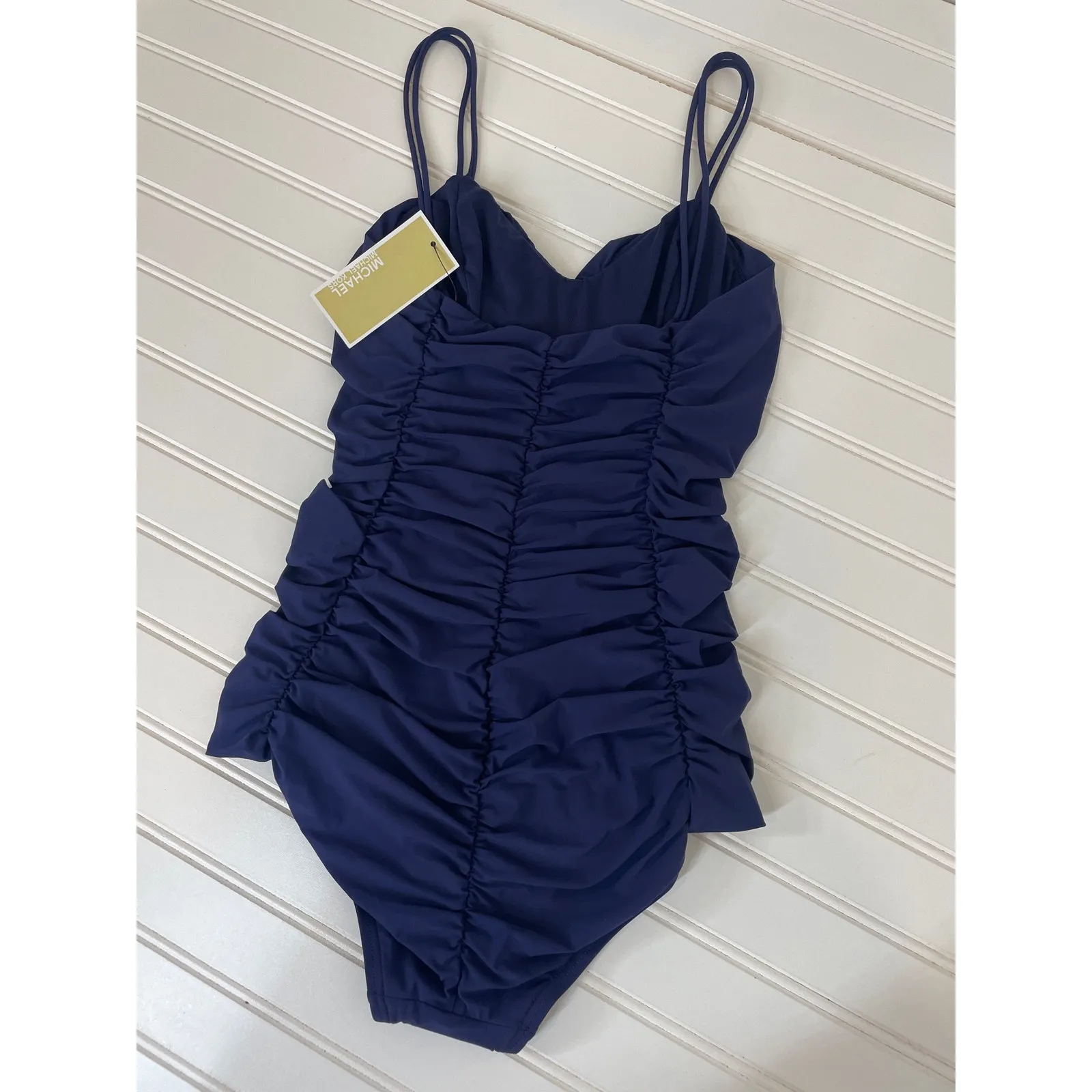NWOT Michael Kors Swimsuit Navy Blue Ruched Strappy V-Neck 1 PC One Piece Sze XS - Image 3