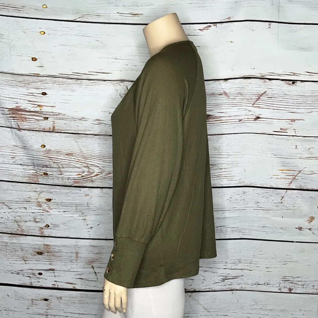Belle by Kim Gravel NWT Sz XL Olive Green Raglan Sleeve Thermal Waffle Knit Top - Image 2