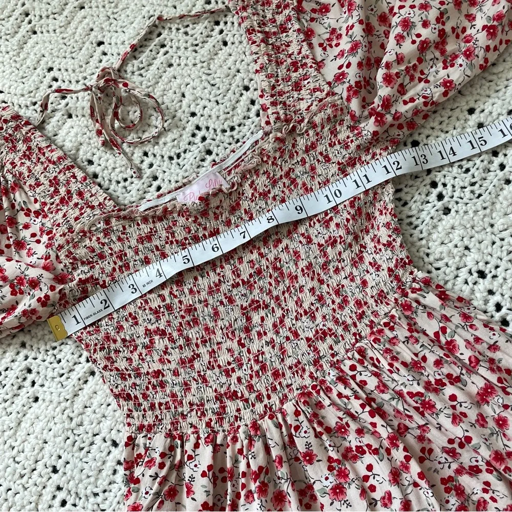 Pink Lily Pure Romance Cream Floral Blouse Smocked Top Red (Small) date night - Image 4