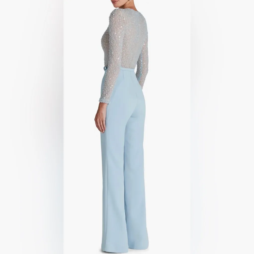 NWOT NADINE MERABI Misha Beaded Sequins Long Sleeve Wide Leg Jumpsuit sz XL 12 Blue - Image 2
