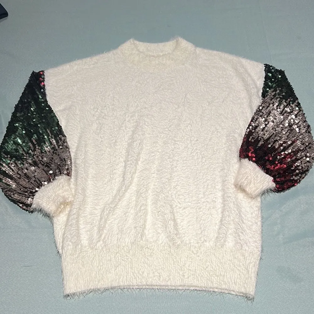 Cream Puffy Sleeve Sequence Fuzzy Sweater Size S/M C31 Red Size M - Image 2