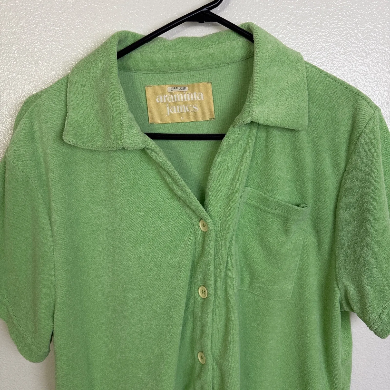 Araminta James Terry Top Womens Medium Green Short Sleeve Button Up Lounge - Image 3