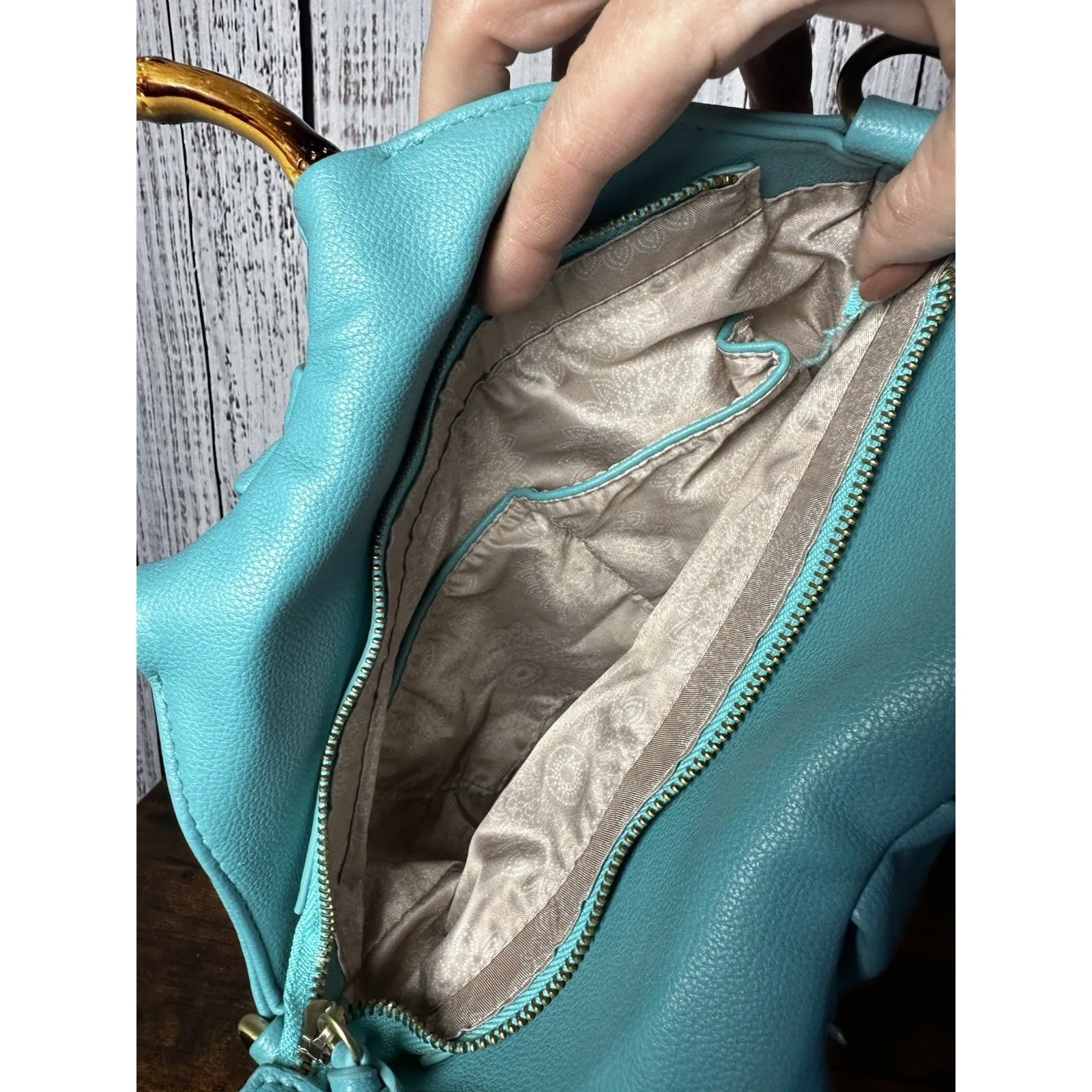 JOY SUSAN Stacey Bamboo Hand Tote Bag Vegan Leather Turquoise New Crossbody - Image 3