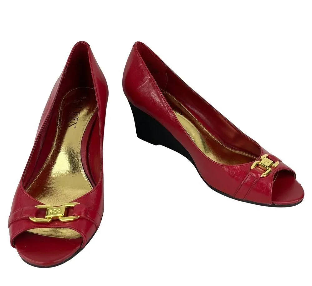 Ralph Lauren Wedges Paula Cherry Red 7.5B Leather Open Toe - Image 11