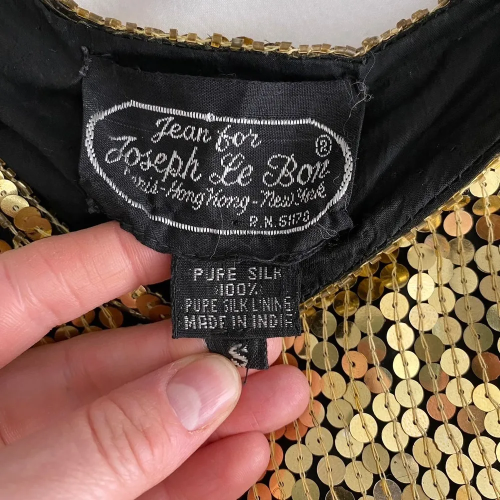 Vintage 80s Jean for Joseph Le Bon Gold and Black Sequin Floral Beaded Top Small - Image 8