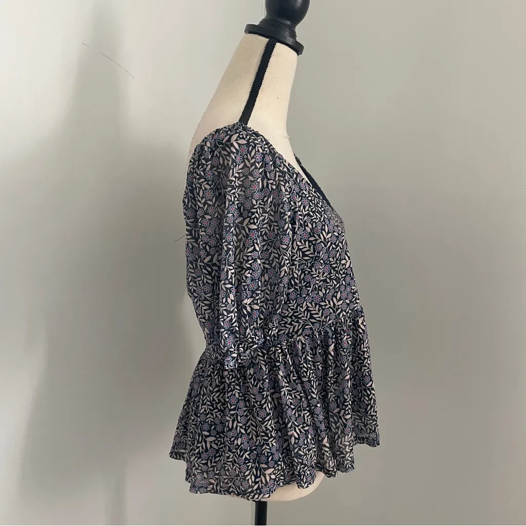 Miami Floral V-Neck Puff Sleeve‎ Blouse XL Boho Cottagecore Girlhood Flowy Shirt - Image 2