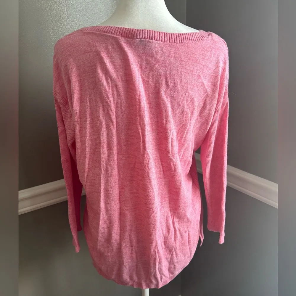 Talbots Cotton V-Neck Marled Pink Lightweight 3/4 Sleeve Sweater Top Small - Image 3