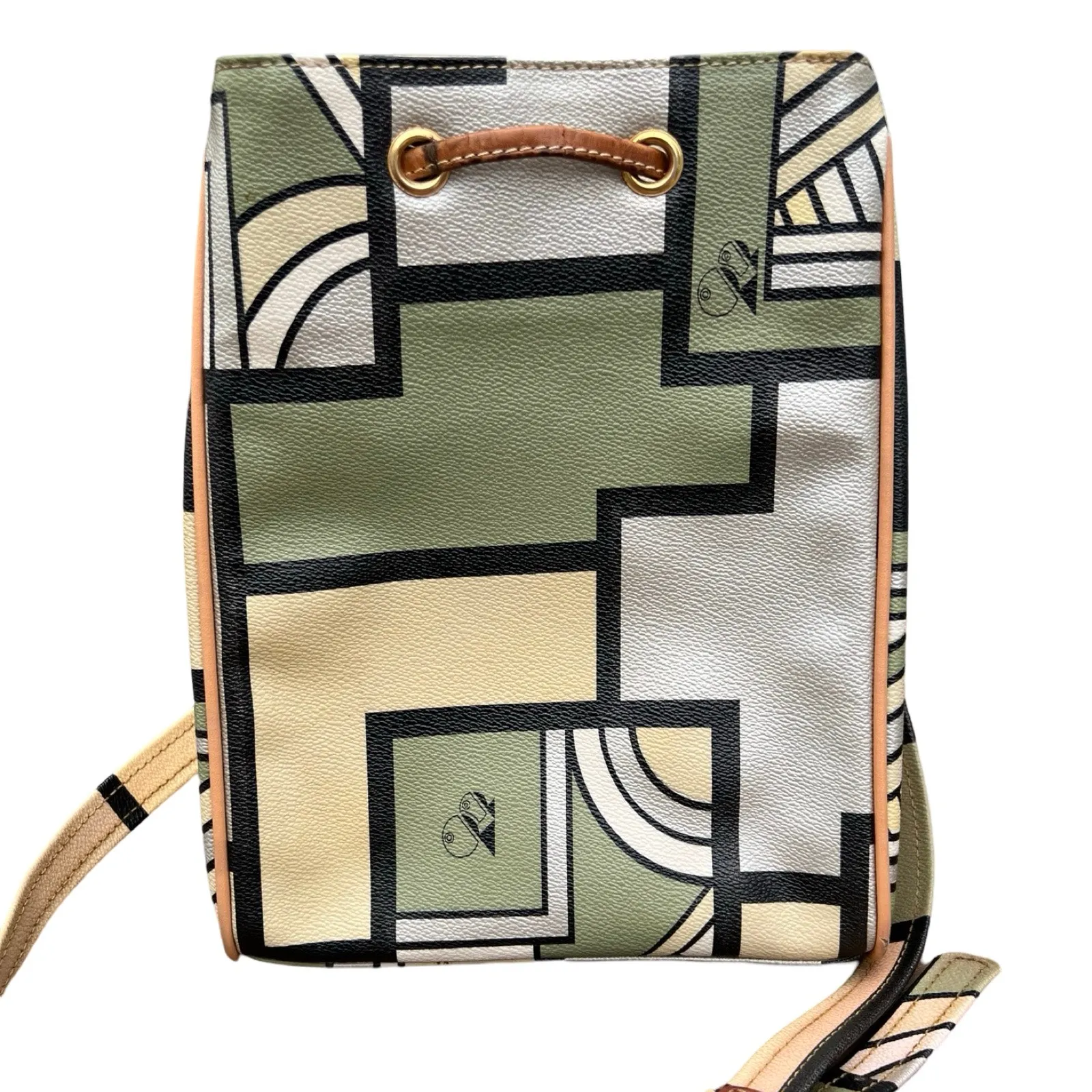 Double Fish 90s Leather Geometric Beige Green Silver Drawstring Shoulder Bag - Image 11
