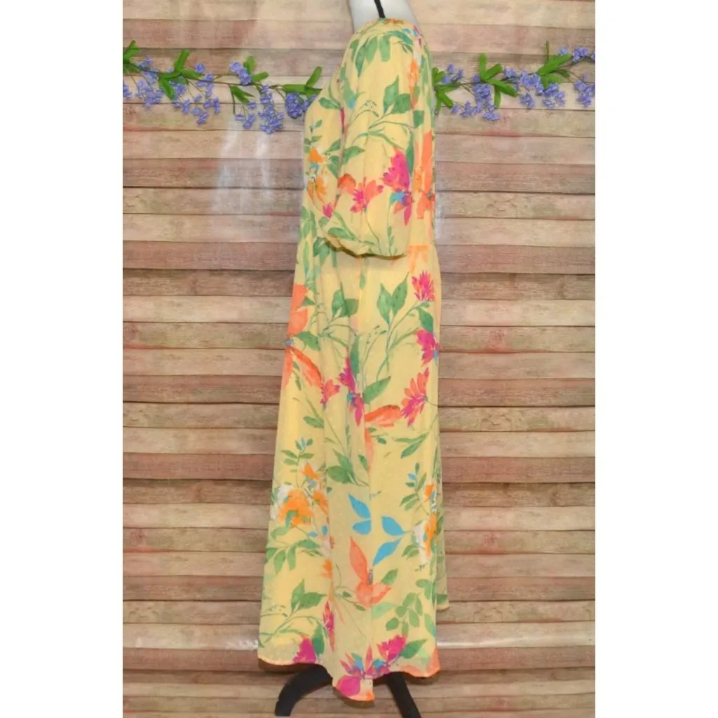 Cato Ladies XL Yellow Floral Swiss Dots Maxi Dress Puff Sleeves Spring Vacation - Image 5