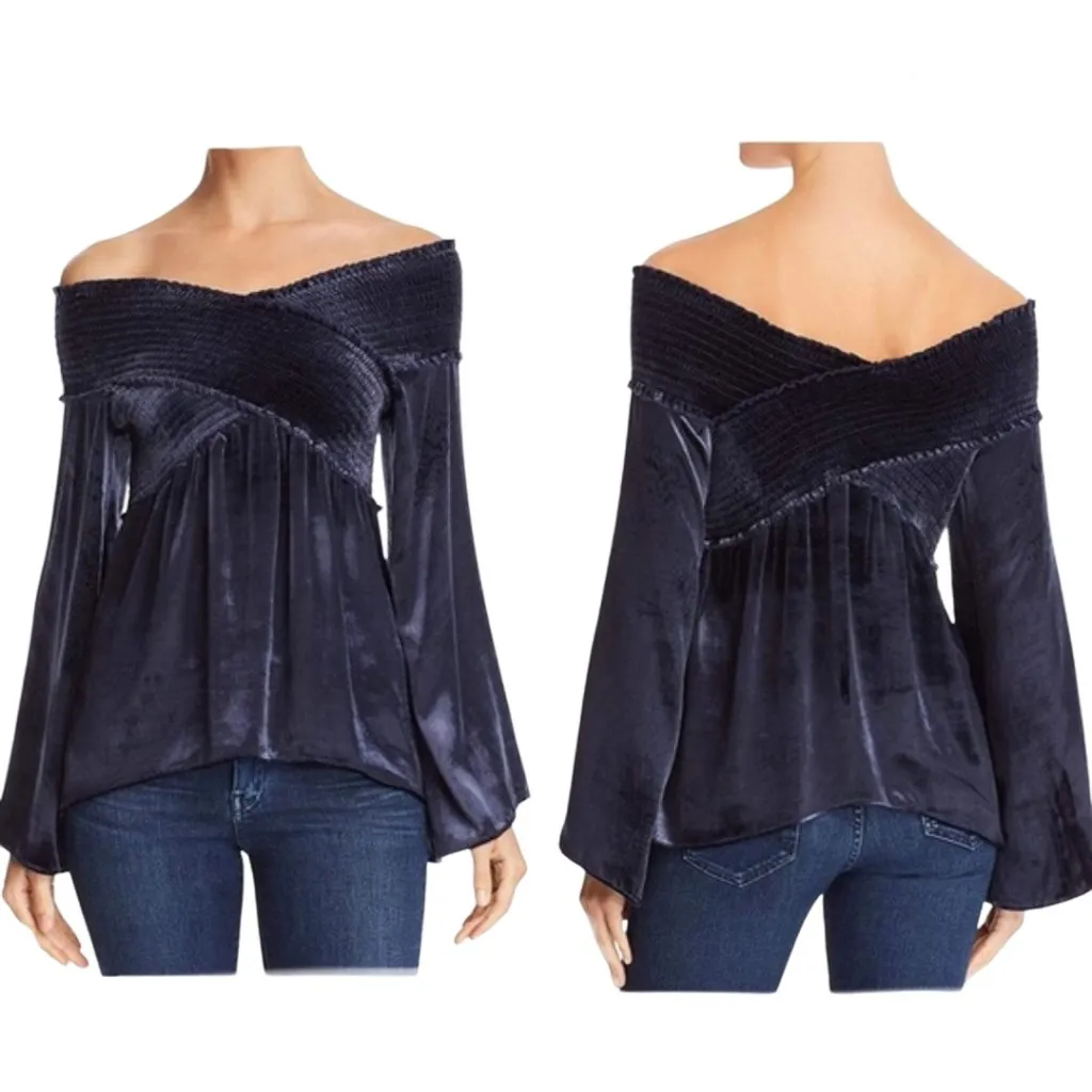 NWT Ramy Brook Liza One-Shoulder Velvet Smocked Top Sz XS Navy - Image 4