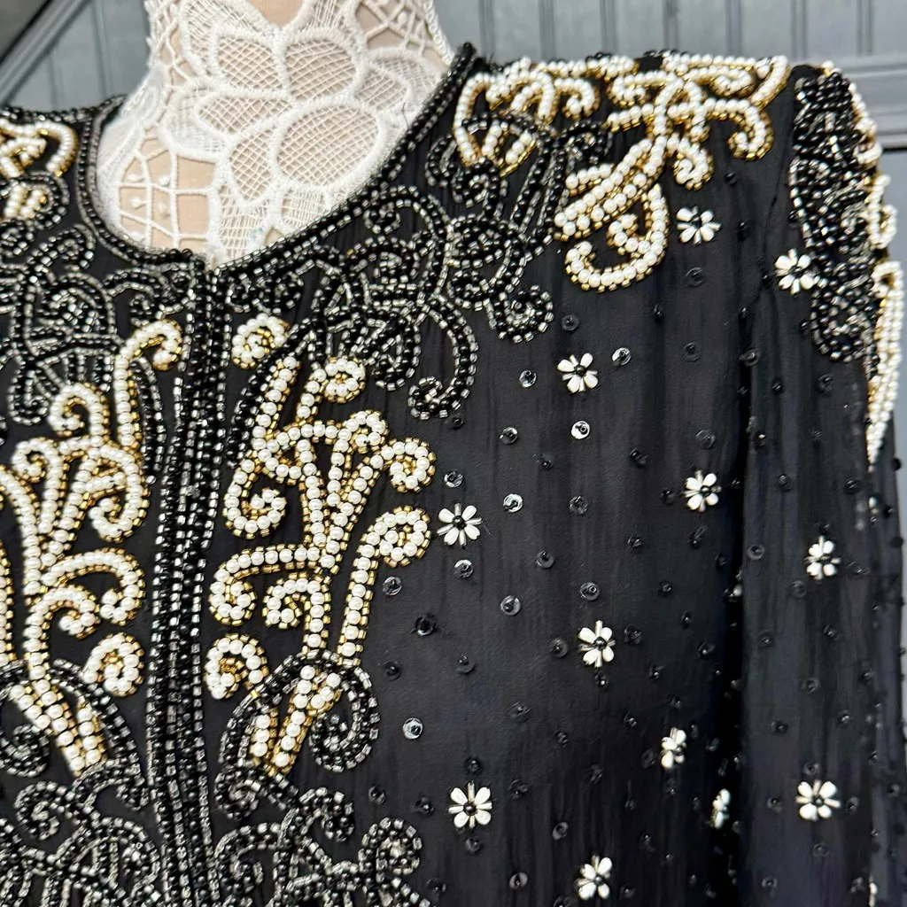 Vintage Night Vogue Black Beaded Embellished Cropped Silk Jacket Size Medium - Image 8