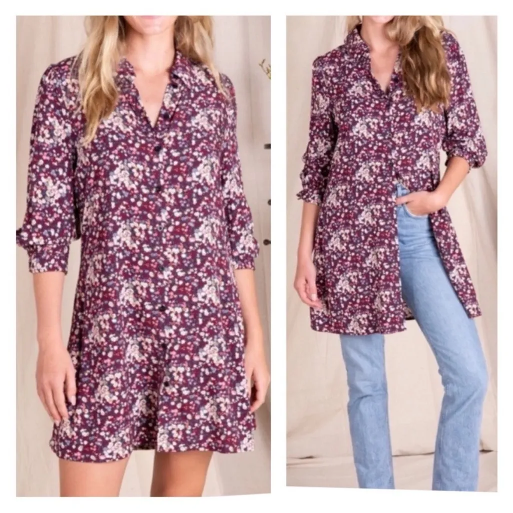 Natural Life Twiggy Burgundy Floral Button Up Mini Shirt Dress Size Medium - Image 7
