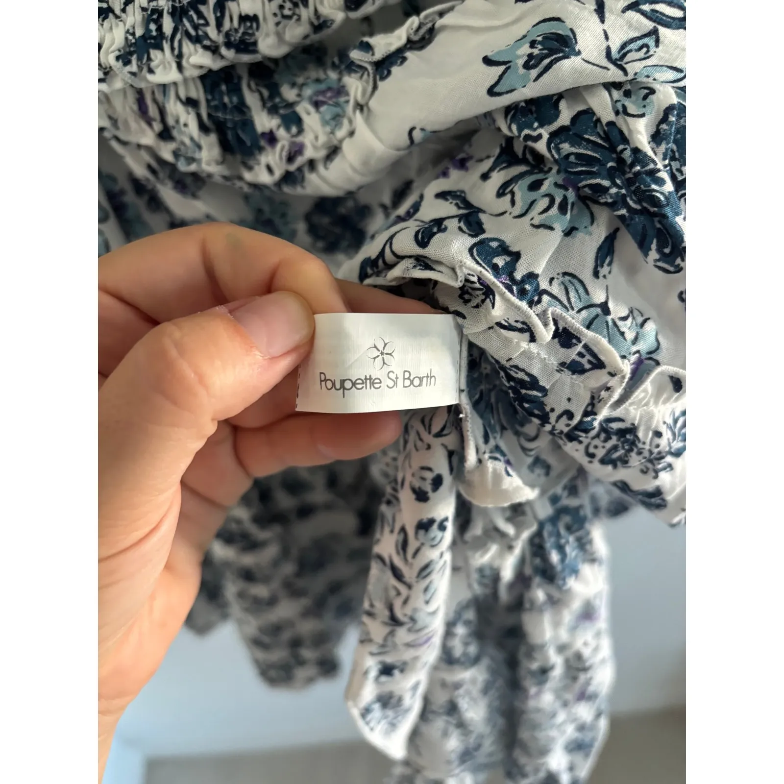 Poupette St Barth Soledad Dress Large Blue‎ Floral Smocked Ruffle Mini Resort Blue - Image 8