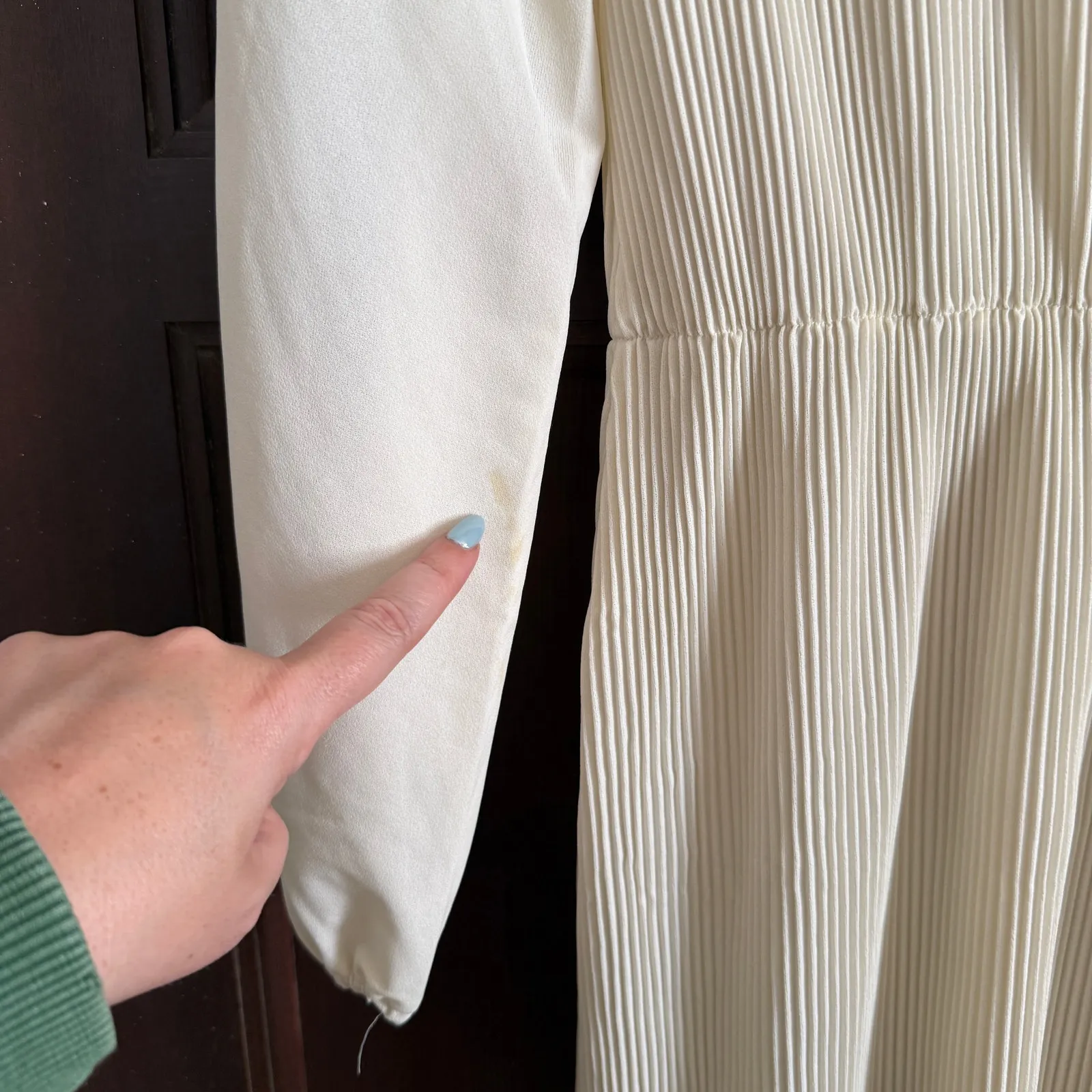 70s Vintage | Cream Pleated Lace Collar Blouson Sleeve Midi Dress | Medium - Image 8