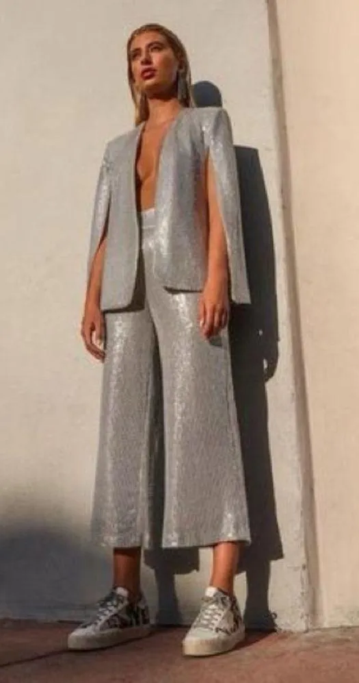 ZARA SEQUIN HIGH WAIST WIDE LEG CULOTTES PANTS SILVER SIZE XS NEW - Image 2