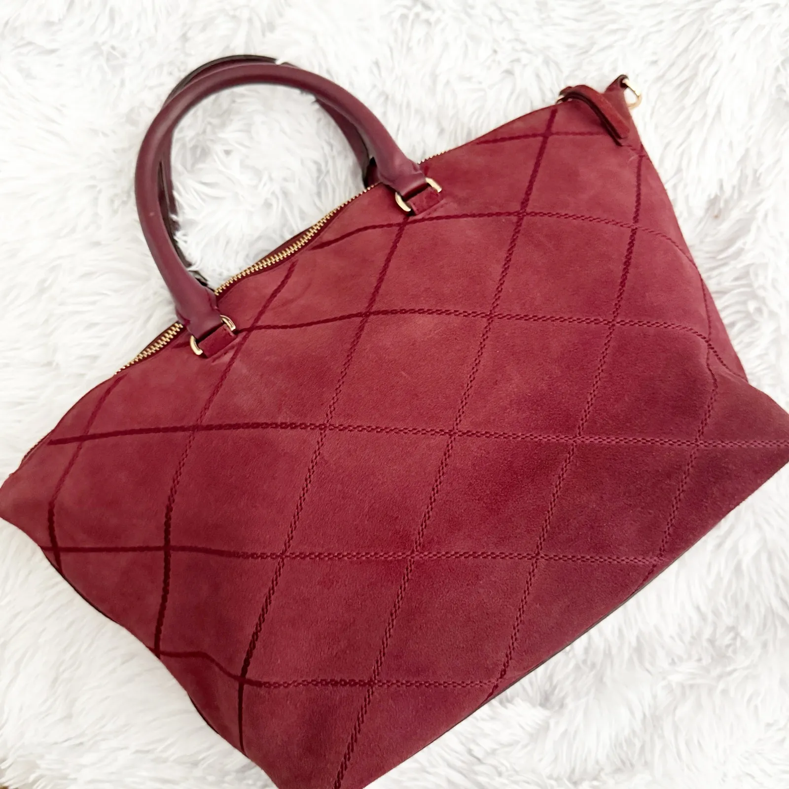 TORY BURCH | Maroon Wine Quilted Bag Purse Satchel Suede Leather Bag Purse Chain - Image 6