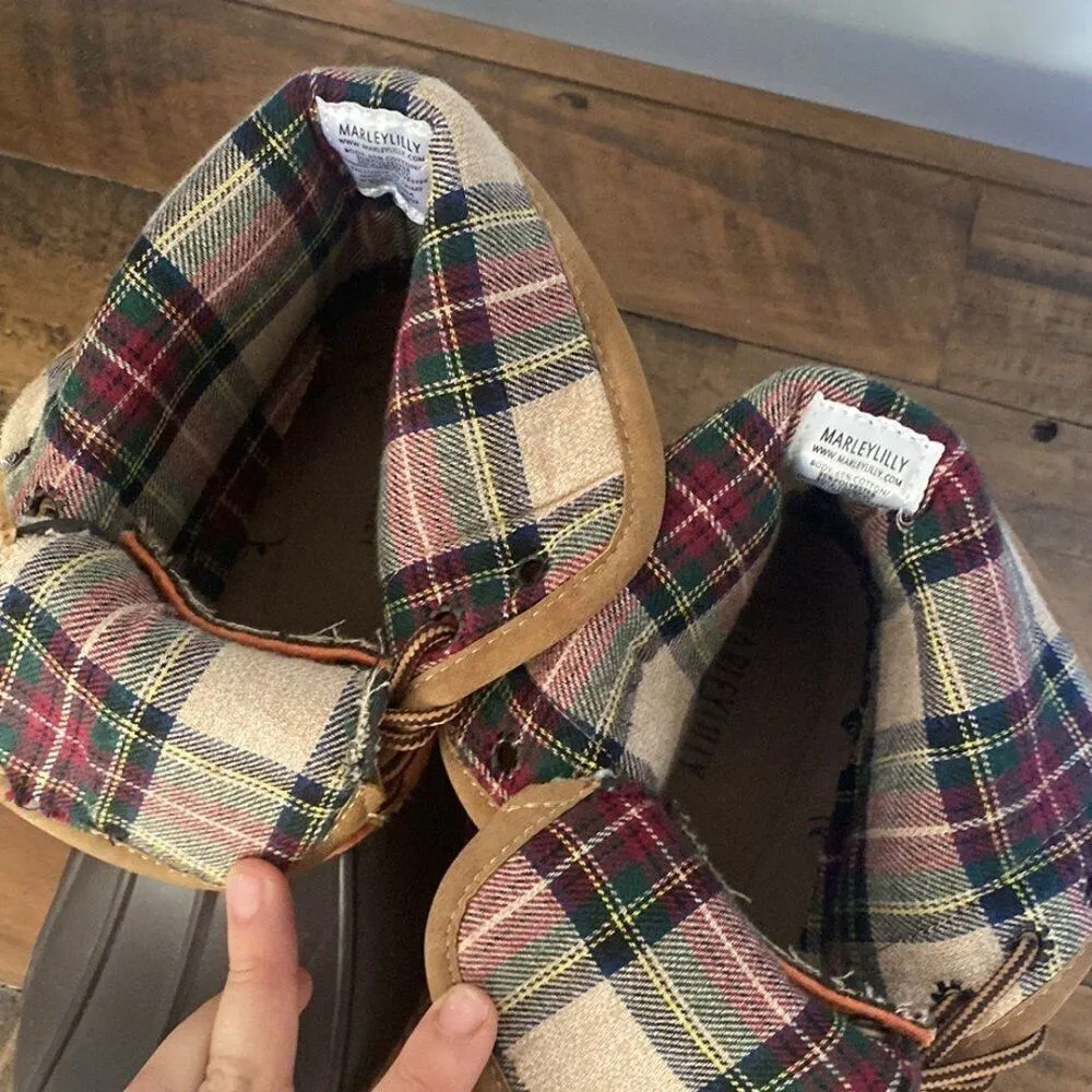 Marley Lilly Women's Brown Orange Plaid Tie Duck Rain Snow Boots Shoes Sz 8 - Image 5
