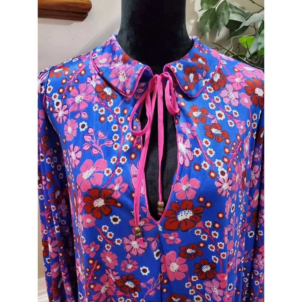 Free People Daisy Jane Mini Dress Botanical Combo Floral Tie Neck Size Small - Image 2