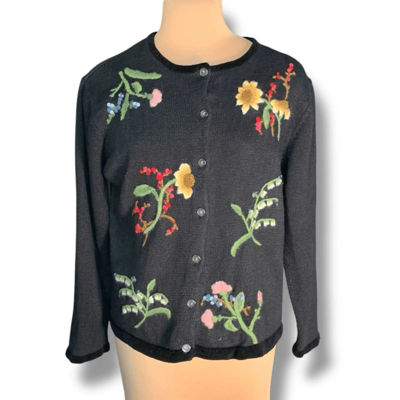 Vintage Susan Bristol Hand Embroidered Dark Floral Knit Cardigan Black Large - Image 12