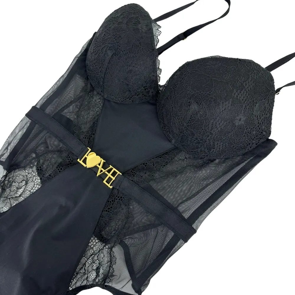 Victoria's Secret Lingerie Teddy one-piece Bodysuit Black Lace Gold Medium Sheer - Image 9