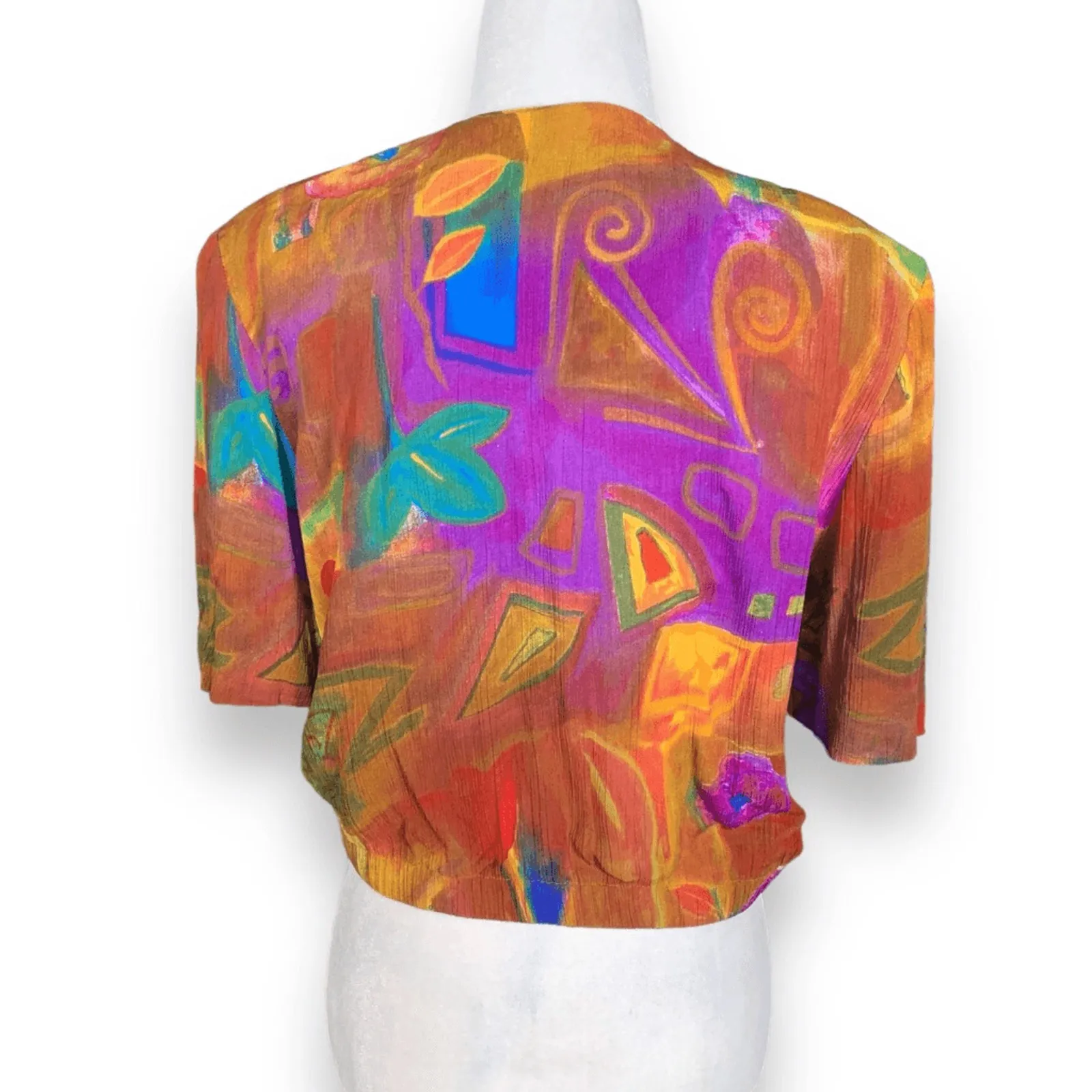 Vintage 90s Abstract Floral Tie Front Top Cropped Multicolor Rayon Shirt Small Orange - Image 8