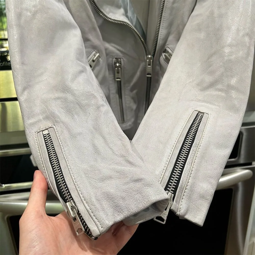 AllSaints Women's Barrett Biker Blue Gray Leather Jacket Size 6 Asymmetrical - Image 6