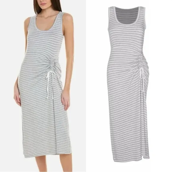 CAbi Stripe Easy Tank Midi Shirt Dress Sleeveless Stretch Ruched Gray White S - Image 2