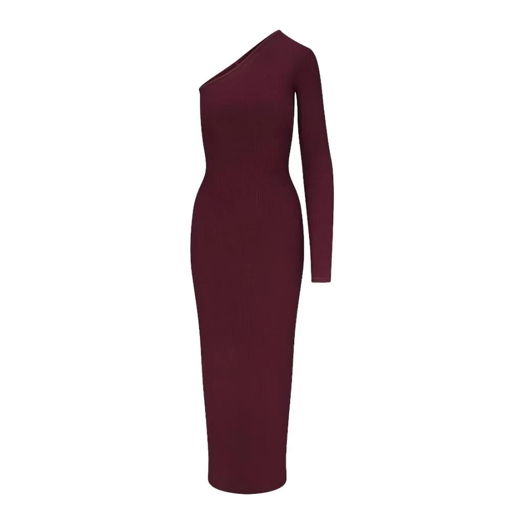 Skims Soft Lounge One Shoulder Long Dress in Bordeaux, Size Small - Image 4