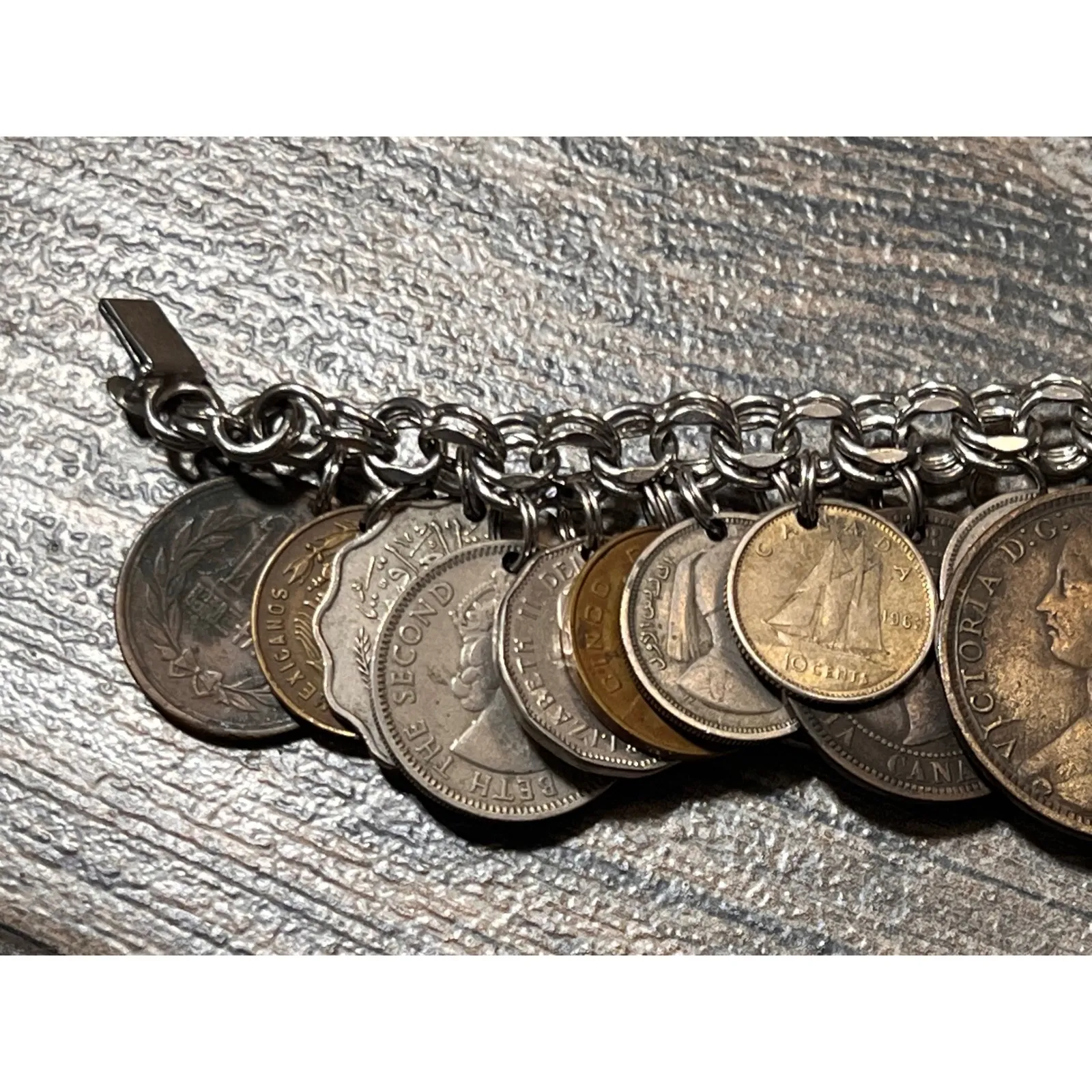 Vintage Sterling Silver 925 Charm Bracelet World Coins European Asian Americas - Image 9
