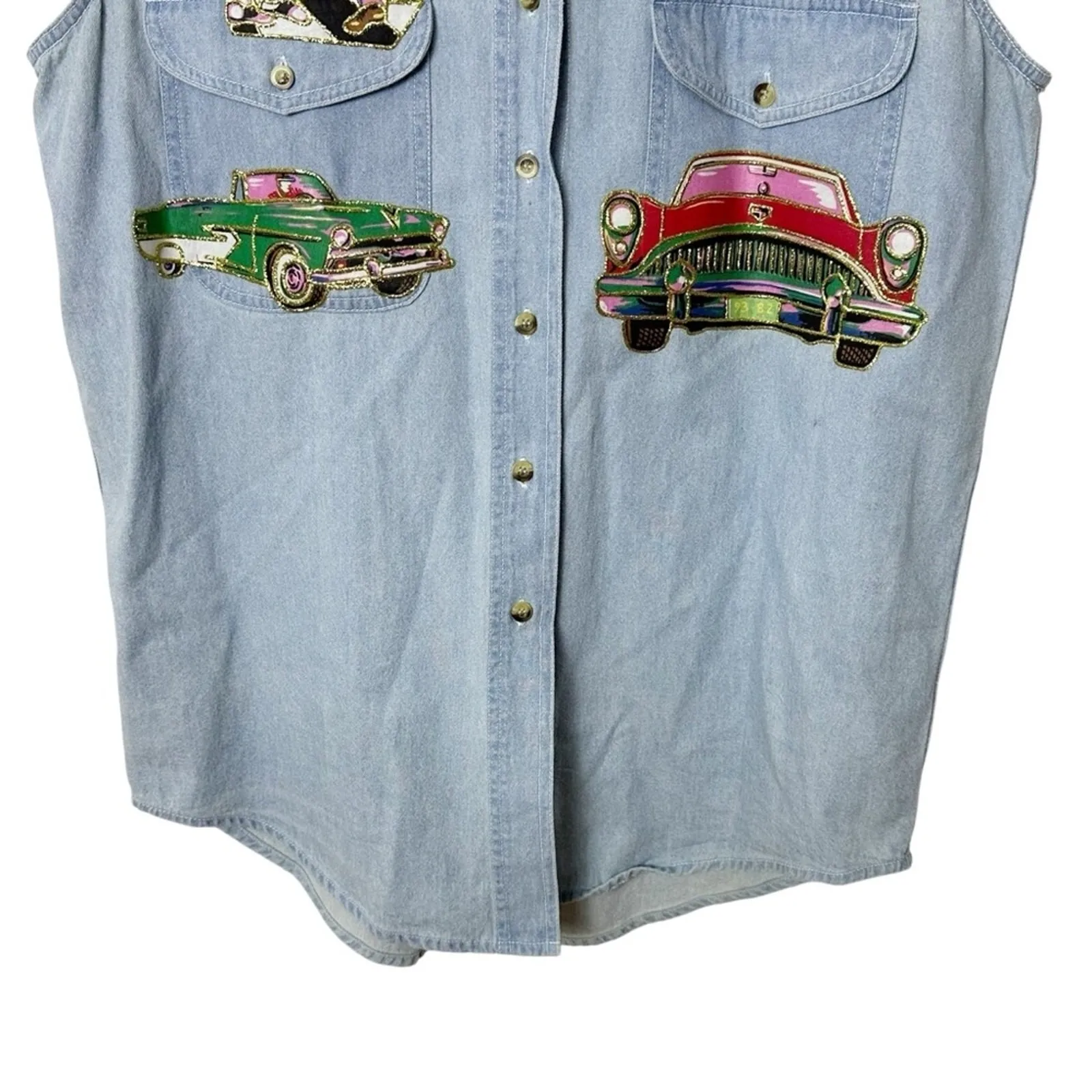 Vintage 90s Rockabilly Denim Vest Sleeveless Shirt L 50s Dancing Cars Music Blue Size L - Image 4