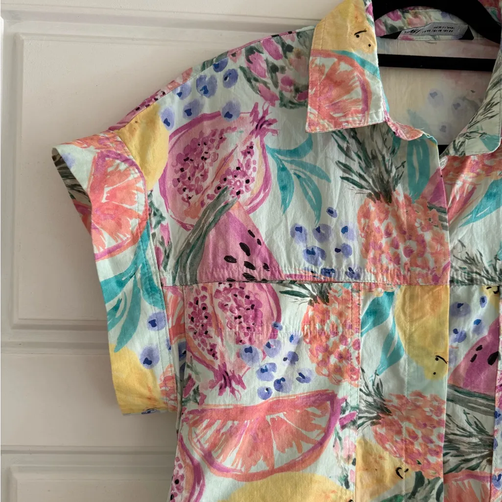 Zara Women’s Short Sleeve Cropped Button Down Colorful Fruit Print Shirt Size XS - Image 2