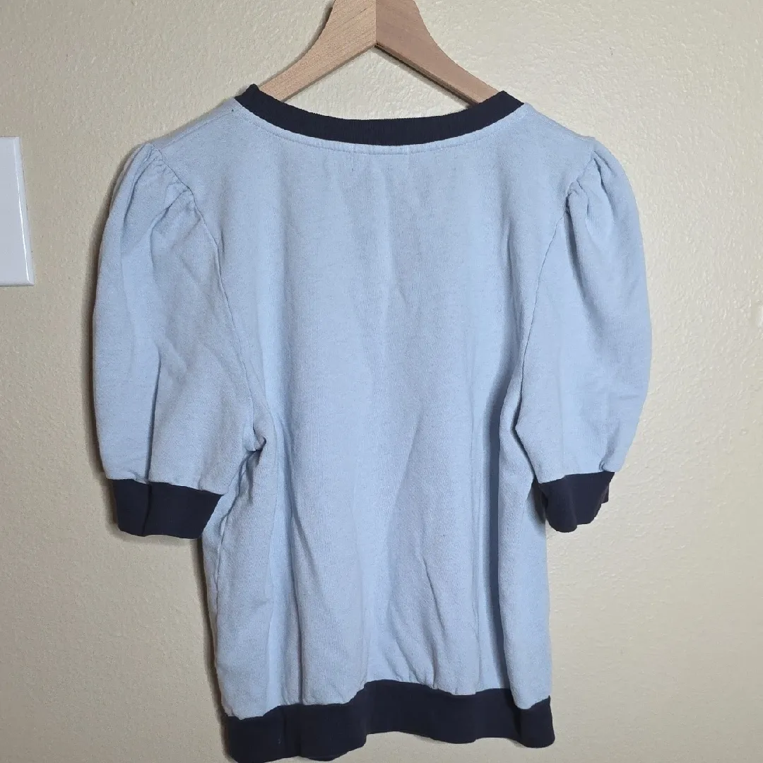 Anthropologie T.La Top Colorblock Puff Sleeve Shirt Light And Dark Blue Small - Image 5