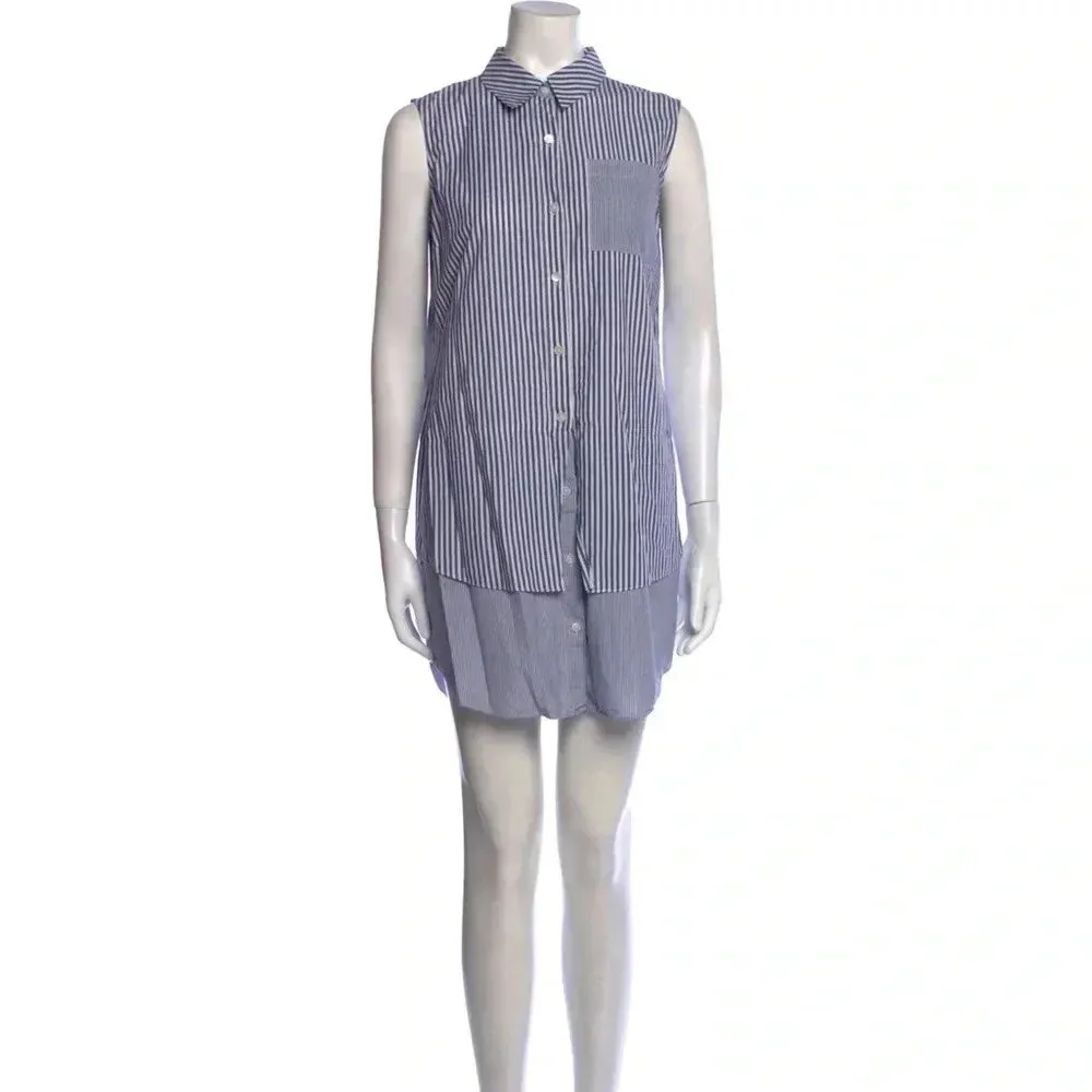 421 Derek Lam 10 Crosby Striped Button Up Tunic Dress Size 6 Color Blue - Image 2
