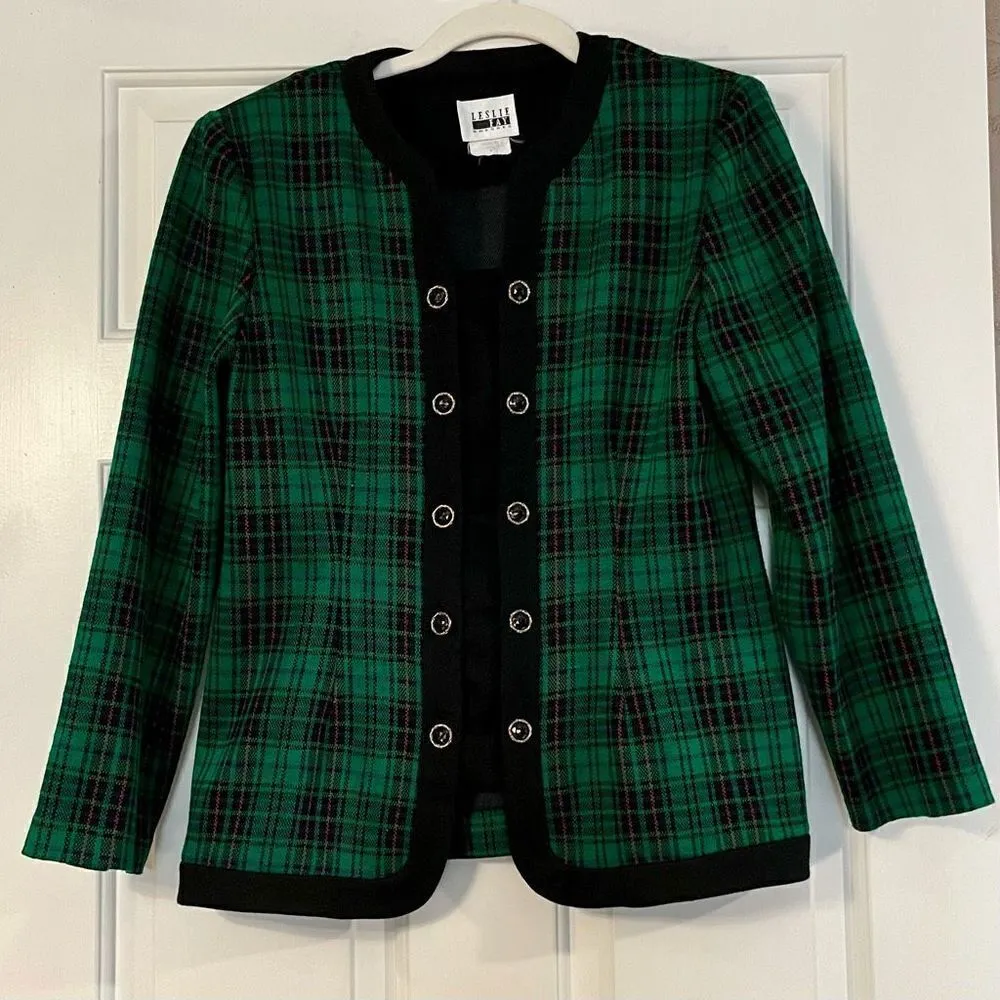 Leslie Fay Green Red Blue Black Plaid Holiday Blazer Size 8 - Image 2